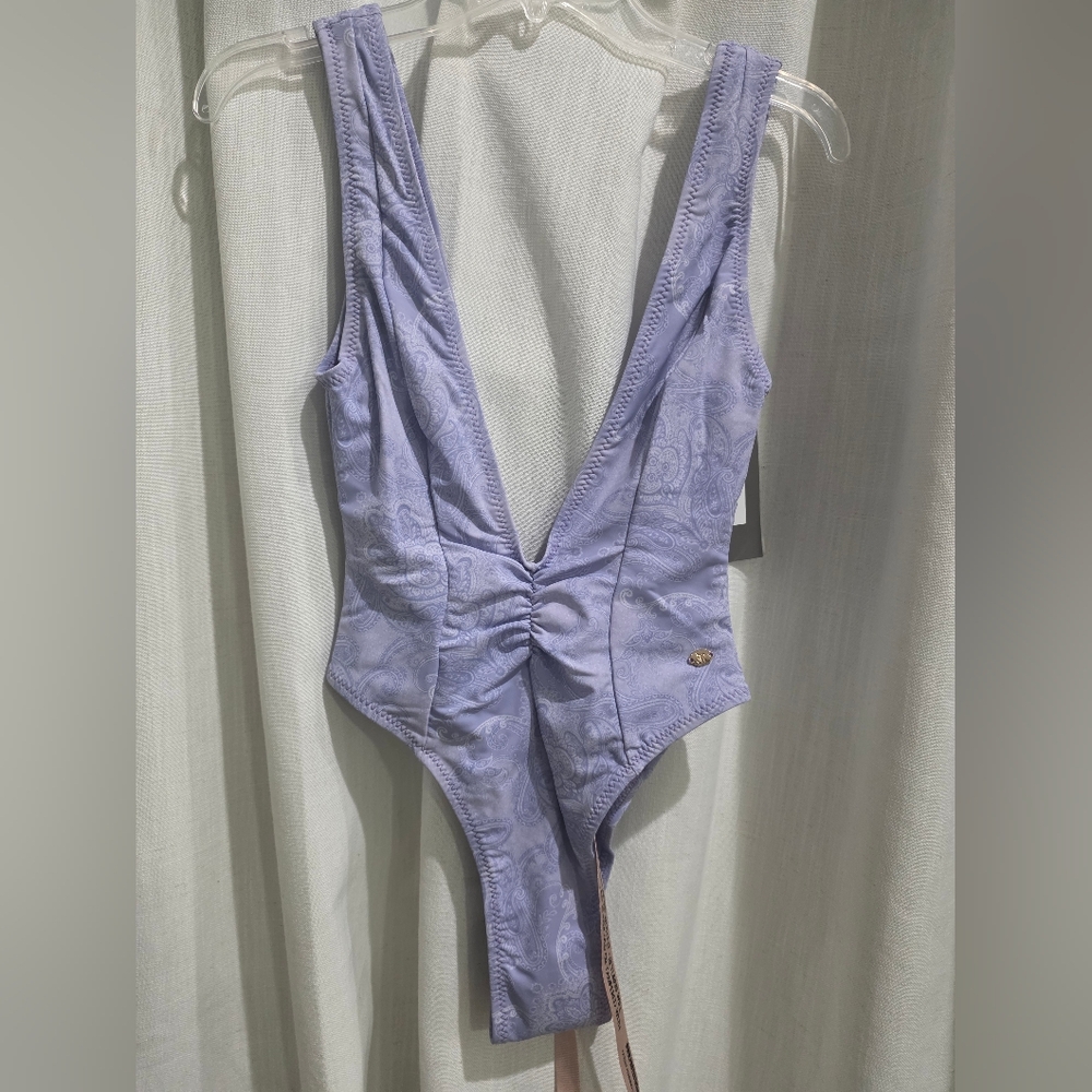 House Of CB Martinique Lavender Paisley print plunge One Piece swimsuit XL - Picture 4 of 6